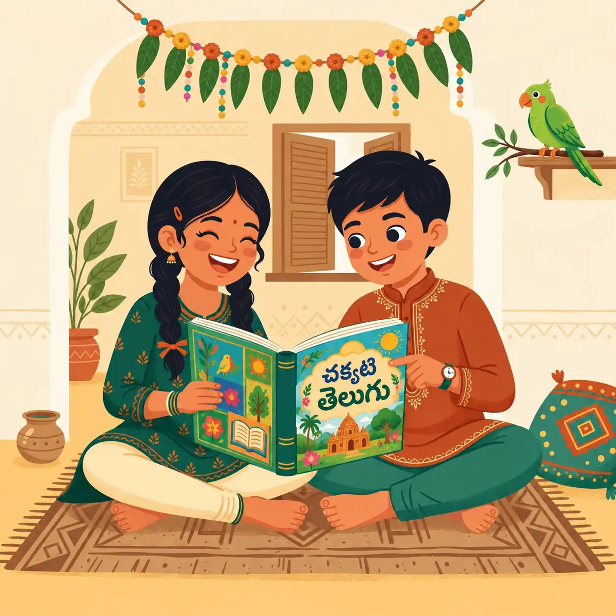 Children reading a Telugu picture book together